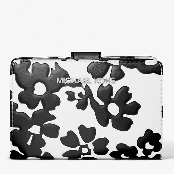 Michael Kors Jet Set Medium Floral Print Bi-Fold Wallet Black Multi - Picture 1 of 9